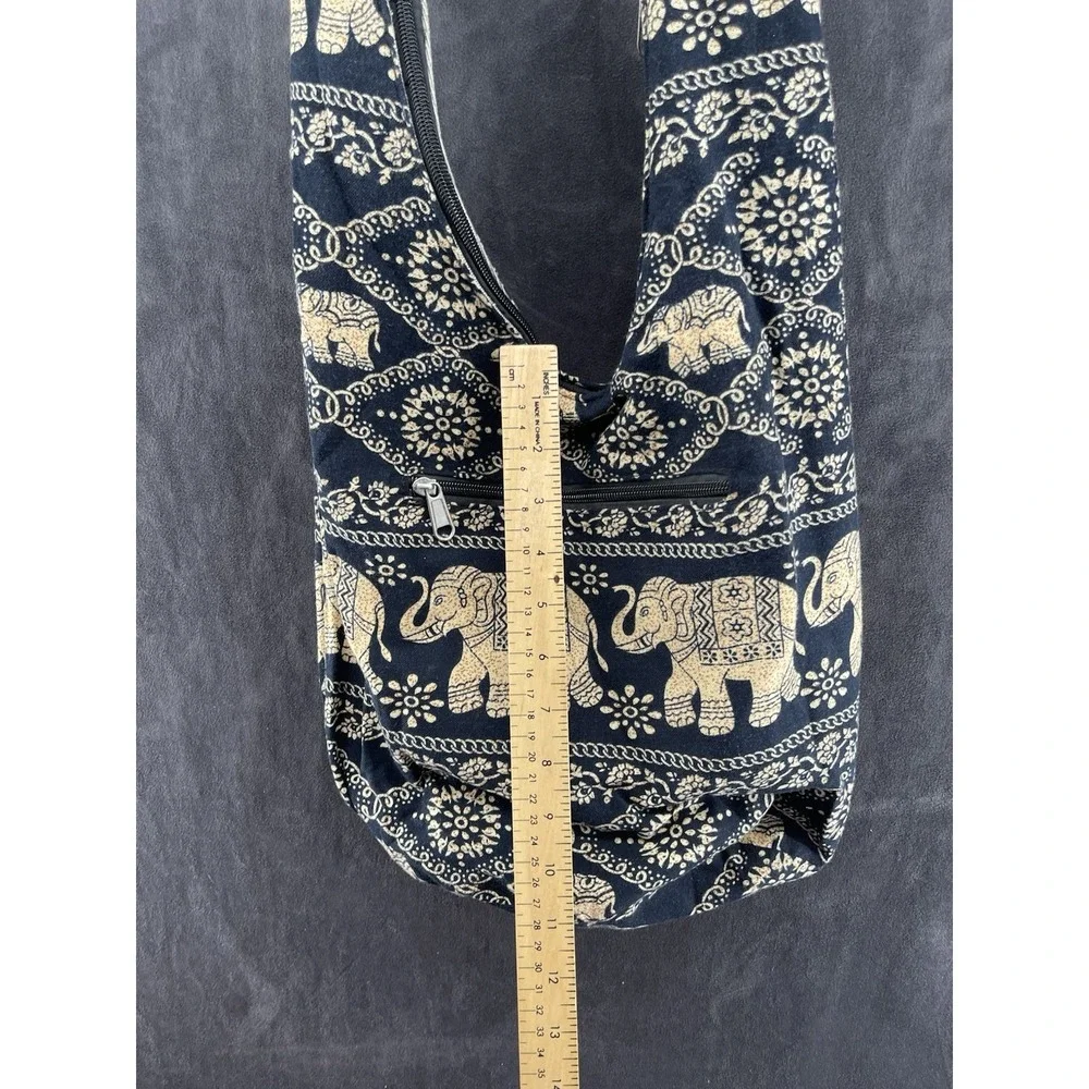 Boho Elephant Print Crossbody Sling Hobo Bag Cotton Black Beige Zip Pockets